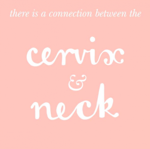 Educational illustration explaining the connection between the neck, cervix, nervous system, and women's reproductive health.