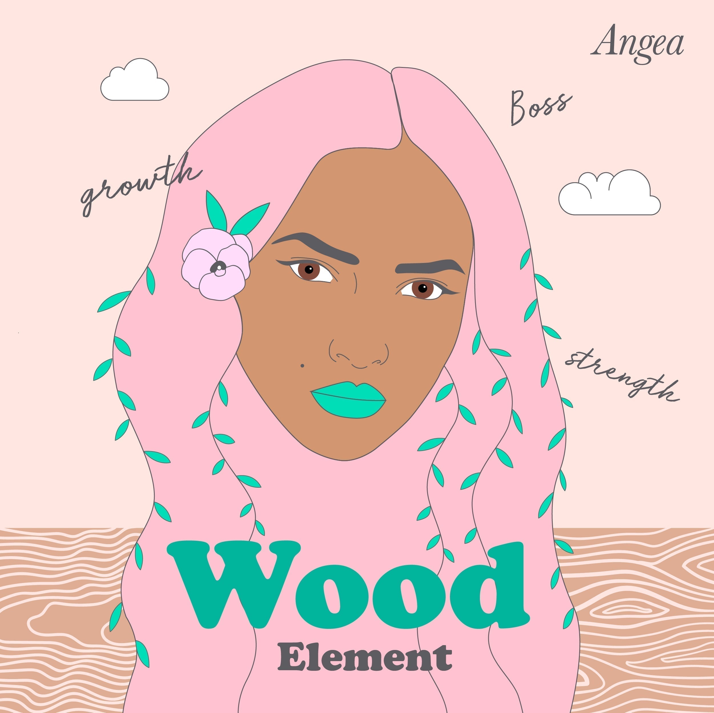 Illustration of the Wood Element personality featuring a woman with pink hair, symbolizing growth, strength, ambition, leadership, and personal development."