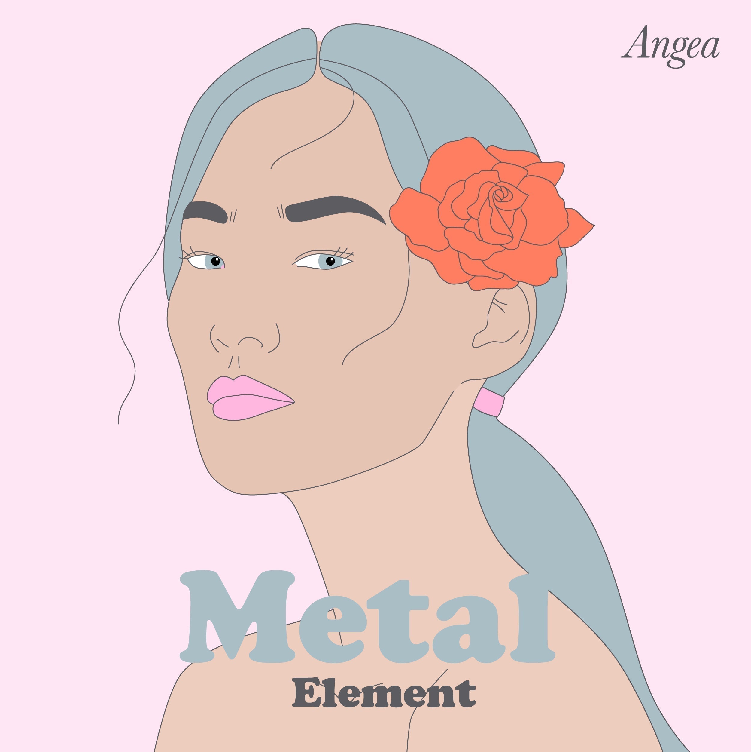 Metal Element illustration of a woman with silver hair and a coral flower, symbolizing strength, healthy boundaries, emotional balance, and Traditional Chinese Medicine