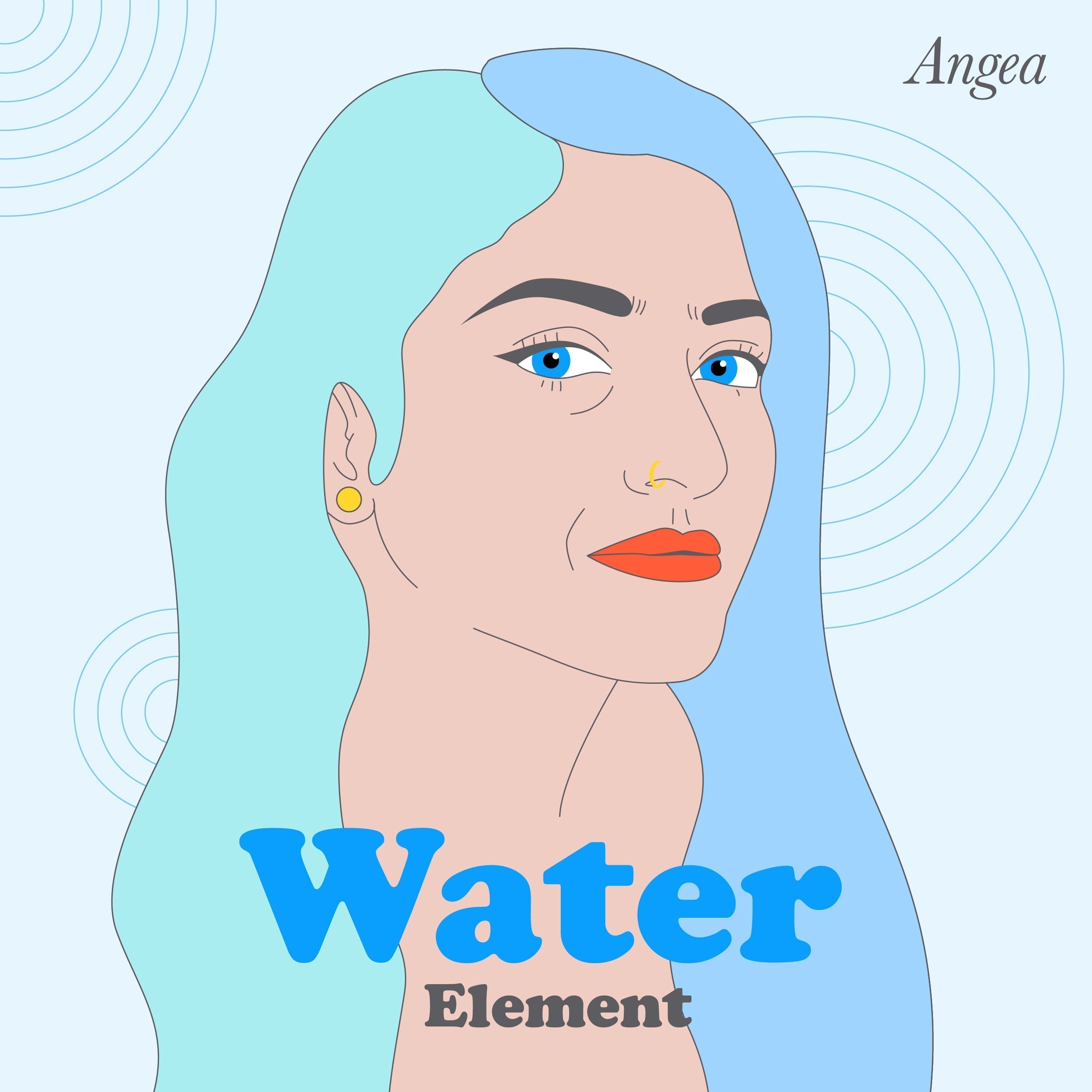 Water Element personality illustration showing a woman with blue hair representing balance, emotions, kidney health, Chinese medicine, and holistic wellness.