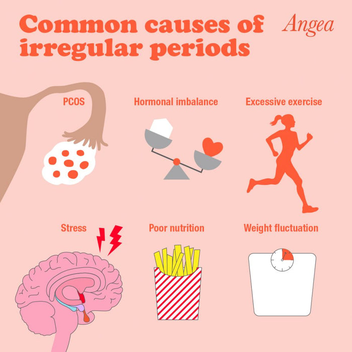 Educational illustration explaining the common causes of irregular periods, including hormone imbalance, PCOS, stress, thyroid disorders, and lifestyle factors.